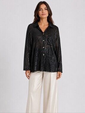 Tracy Porter Collective Black Sequin Oversized Button Down Blouse Shirt M NWOT